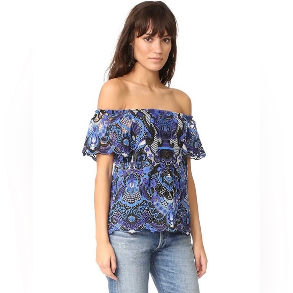 Alice + Olivia lace top off the shoulder top blue and black